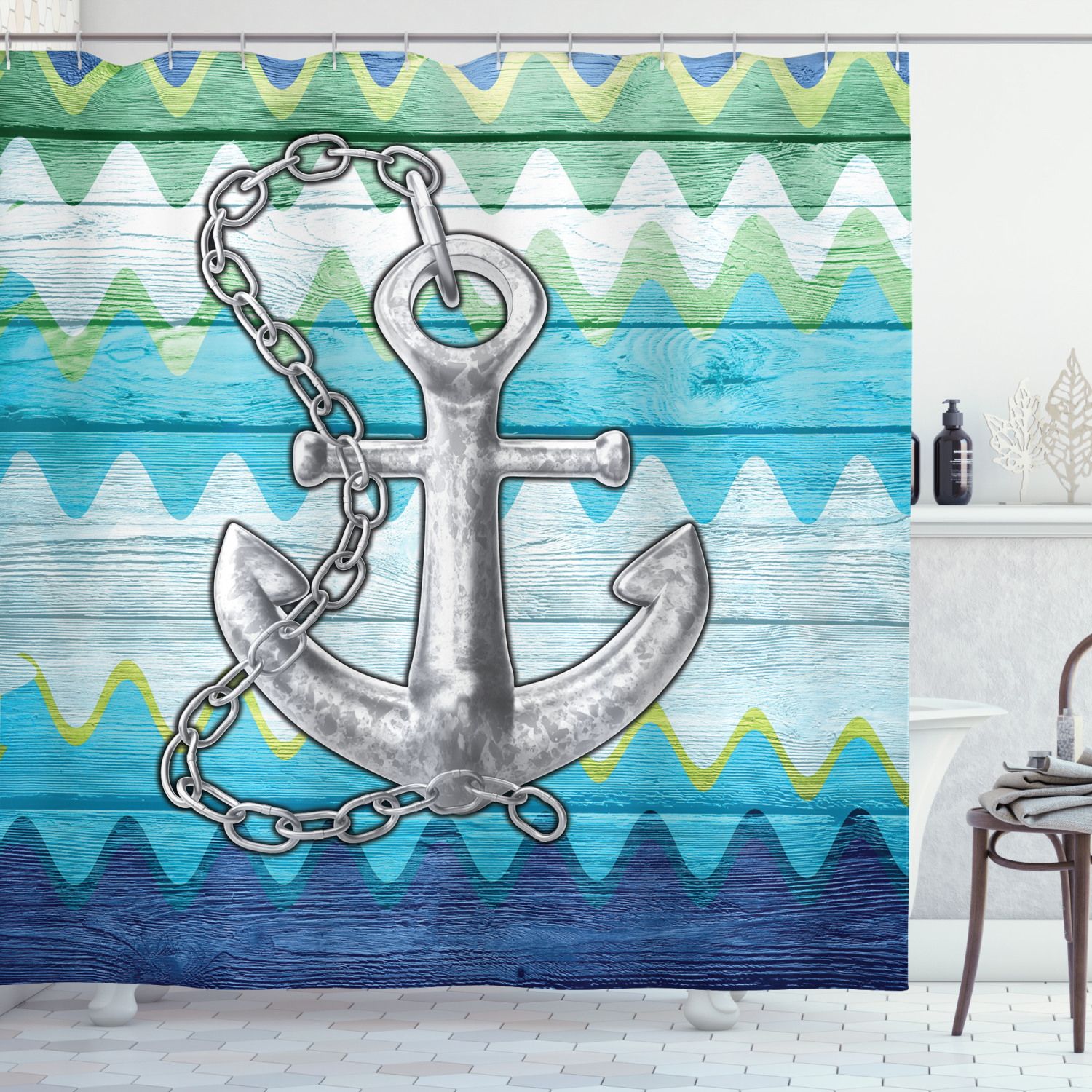 Nautical Chevron Zigzags Anchor Print Shower Curtain For Bathroom - Image 3