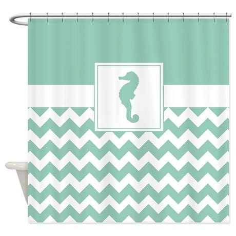 Nautical Chevron and Seahorse Shower Curtain for Beach House Bathroom