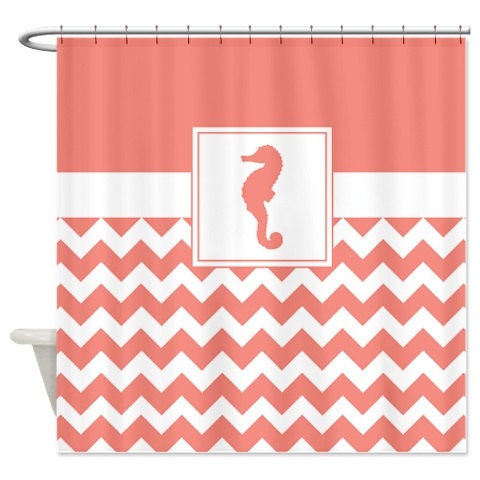 Nautical Chevron and Seahorse Shower Curtain for Beach House Bathroom
