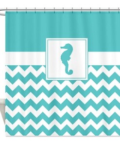 Nautical Chevron and Seahorse Shower Curtain for Beach House Bathroom