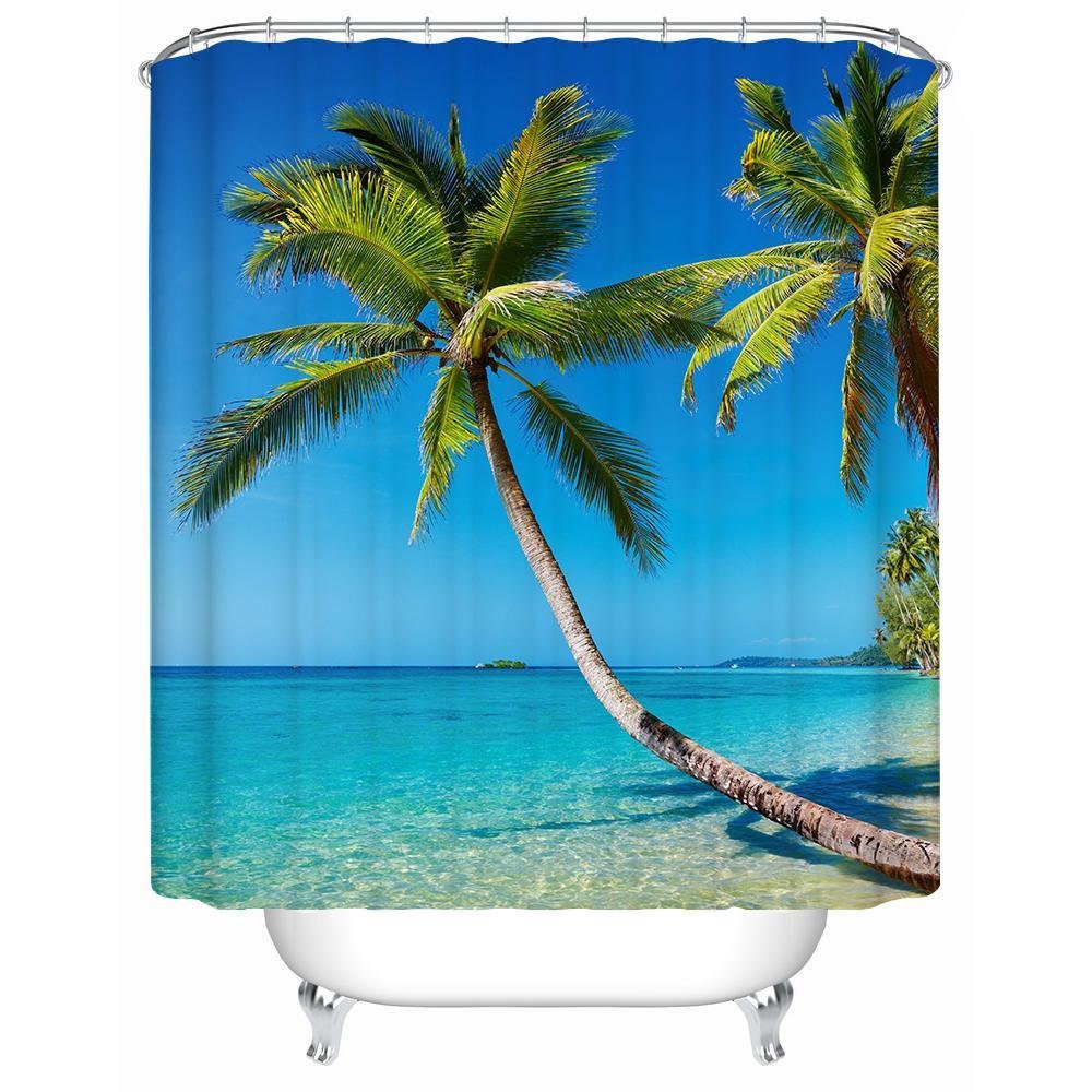 Nautical Coastal Palm Tree Shower Curtain for Seaside Bathroom Decor