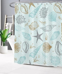 Nautical Coastal Shower Curtain, Seashell And Starfish Under The Sea Blue Fabric, Ocean Theme Bathroom Decor