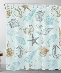 Nautical Coastal Shower Curtain, Seashell And Starfish Under The Sea Blue Fabric, Ocean Theme Bathroom Decor