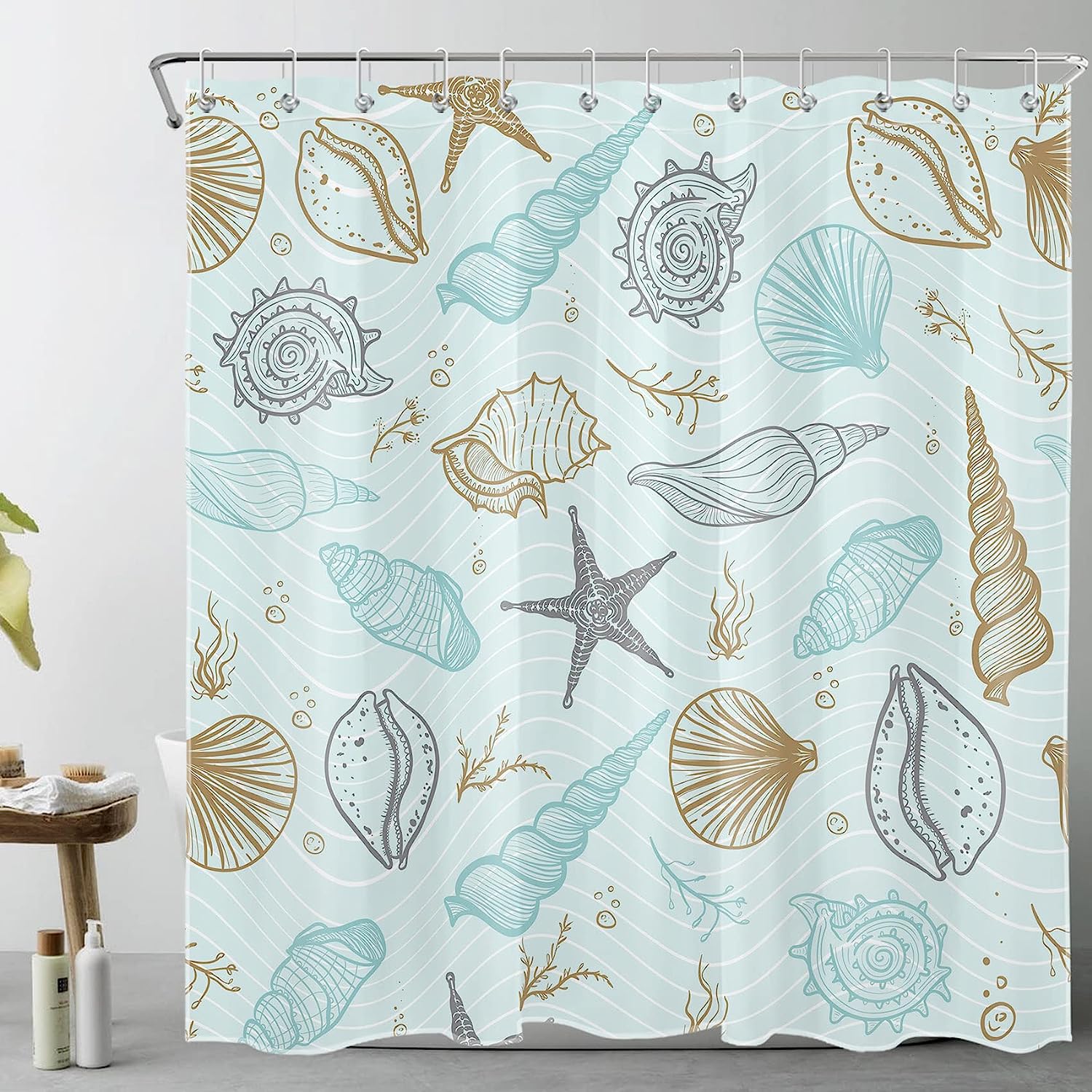 Nautical Coastal Shower Curtain, Seashell And Starfish Under The Sea Blue Fabric, Ocean Theme Bathroom Decor