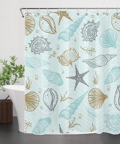 Nautical Coastal Shower Curtain, Seashell And Starfish Under The Sea Blue Fabric, Ocean Theme Bathroom Decor