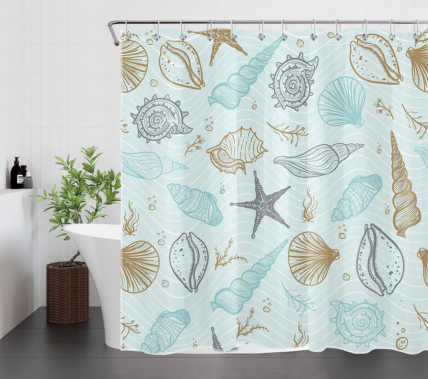 Nautical Coastal Shower Curtain, Seashell And Starfish Under The Sea Blue Fabric, Ocean Theme Bathroom Decor