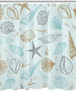 Nautical Coastal Shower Curtain, Seashell And Starfish Under The Sea Blue Fabric, Ocean Theme Bathroom Decor