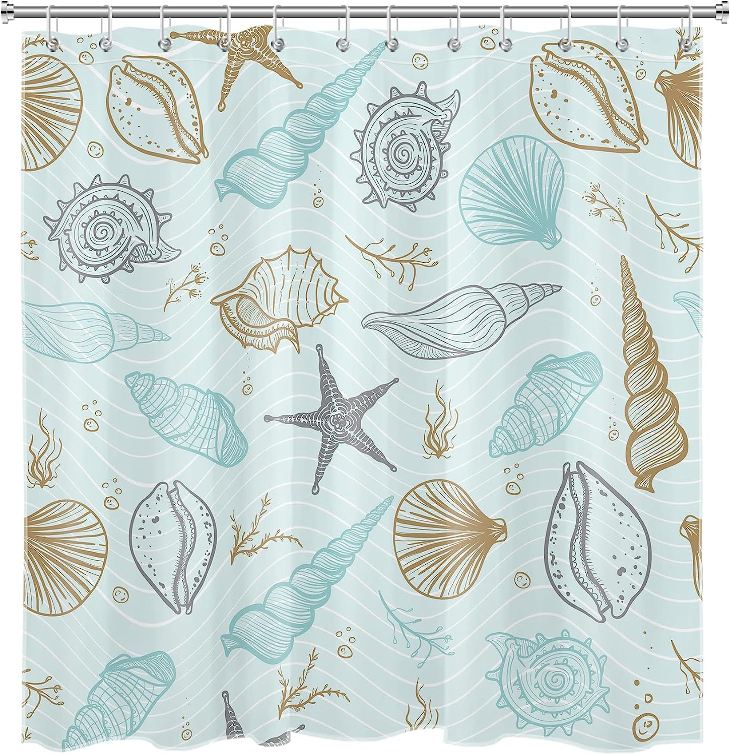 Nautical Coastal Shower Curtain, Seashell And Starfish Under The Sea Blue Fabric, Ocean Theme Bathroom Decor