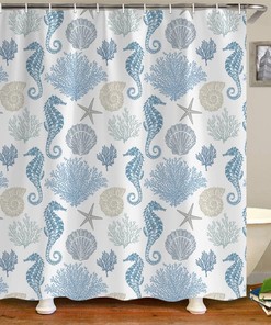 Nautical Coastal Shower Curtain for Bathroom, Seashells Starfish Seahorse Coral Beach Ocean Pattern, TOMOZ