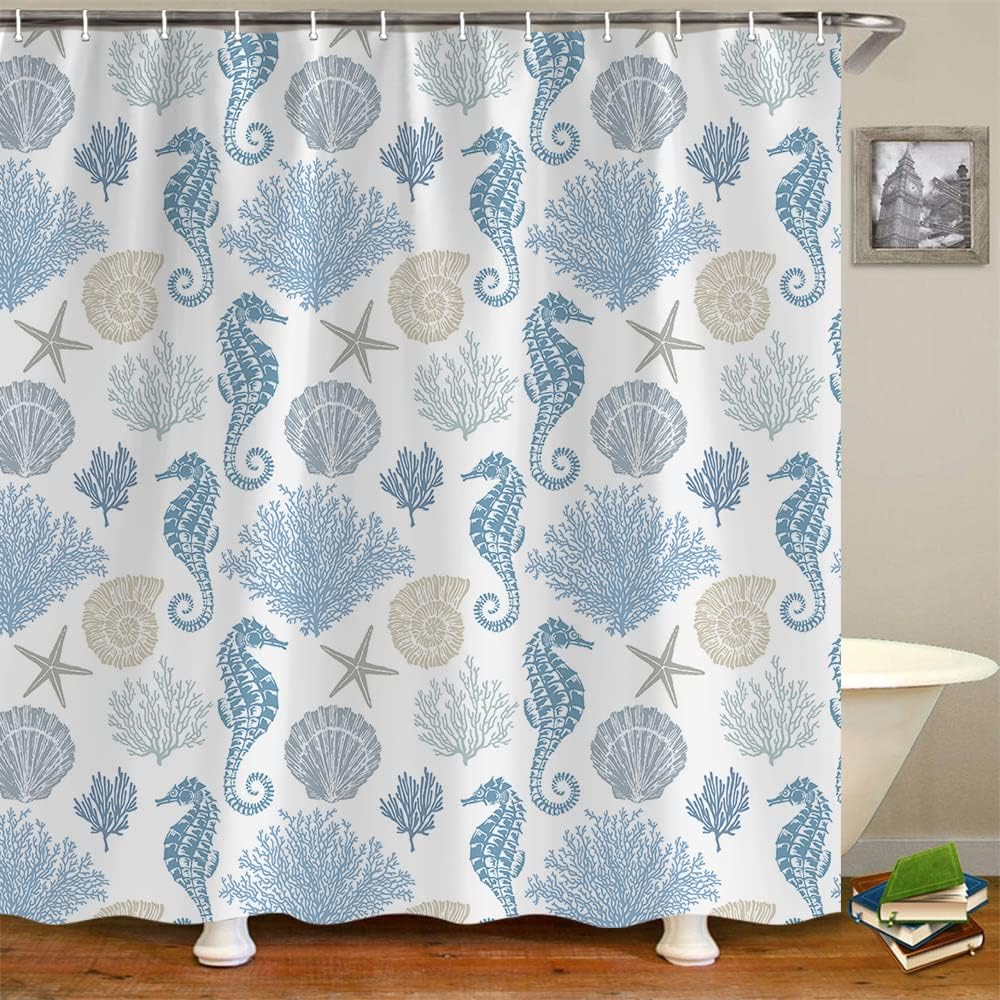 Nautical Coastal Shower Curtain for Bathroom, Seashells Starfish Seahorse Coral Beach Ocean Pattern, TOMOZ