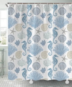 Nautical Coastal Shower Curtain for Bathroom, Seashells Starfish Seahorse Coral Beach Ocean Pattern, TOMOZ