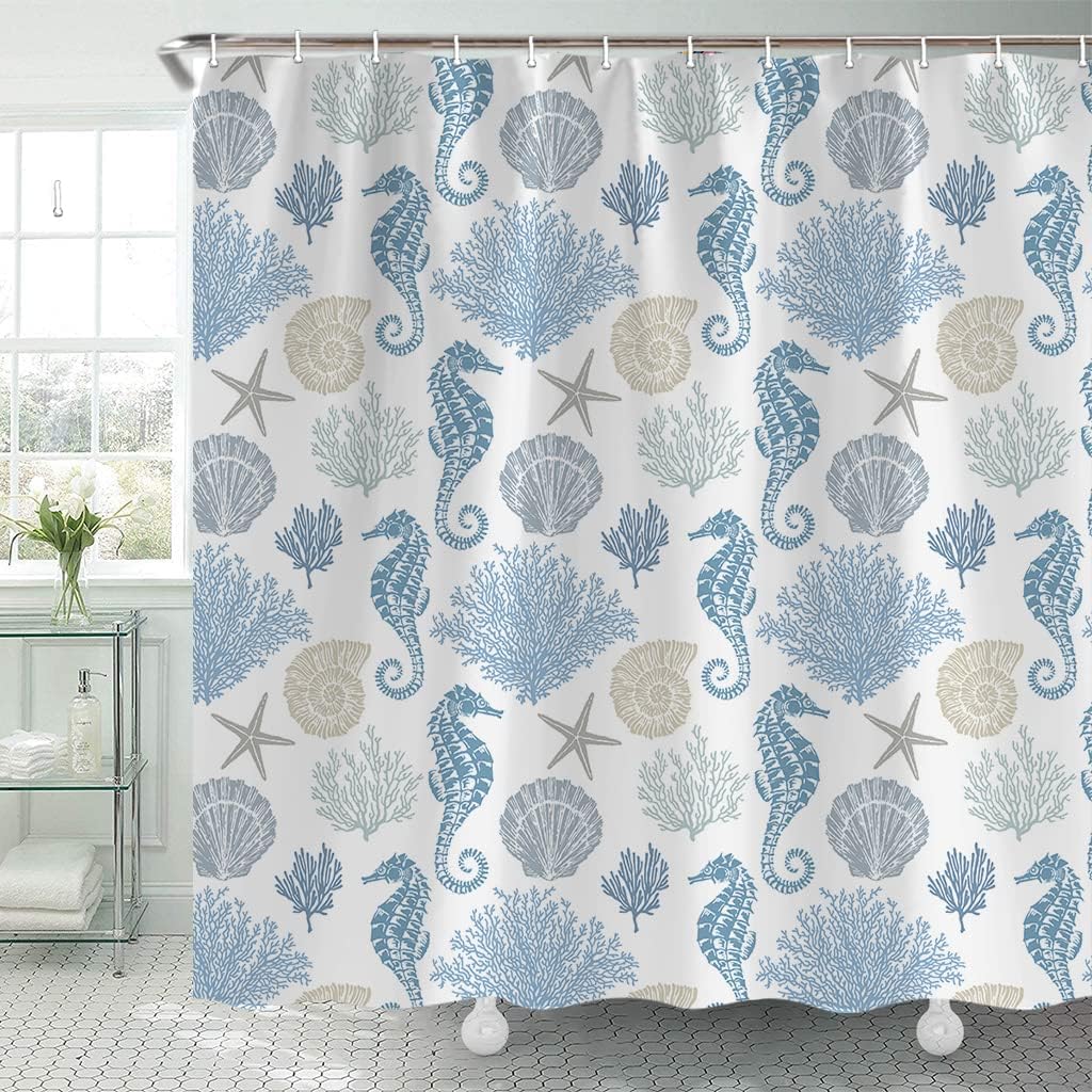 Nautical Coastal Shower Curtain for Bathroom, Seashells Starfish Seahorse Coral Beach Ocean Pattern, TOMOZ