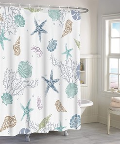 Nautical Coastal Shower Curtain with Coral, Conch, and Starfish Designs