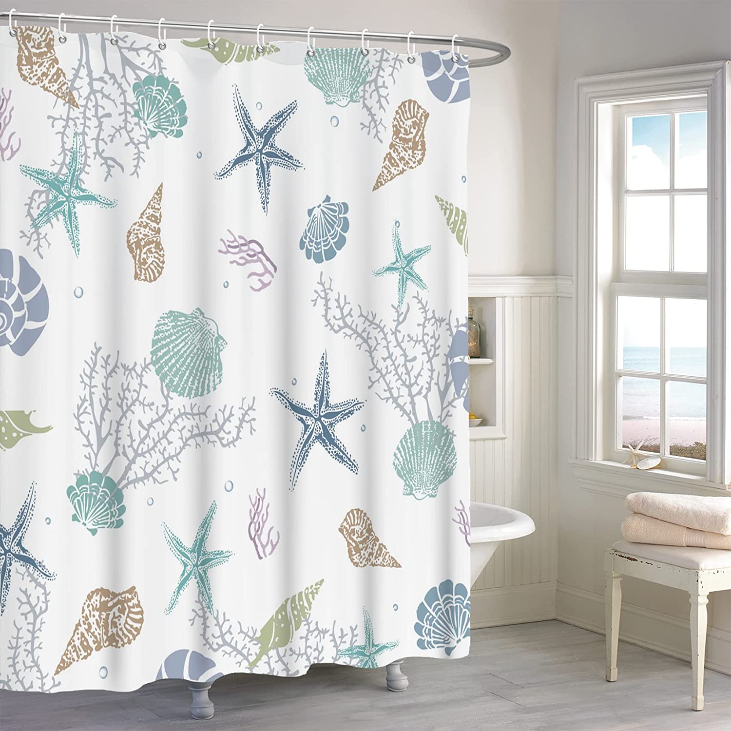 Nautical Coastal Shower Curtain with Coral, Conch, and Starfish Designs