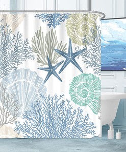 Nautical Coastal Theme Waterproof Fabric Shower Curtain with Marine Life Print