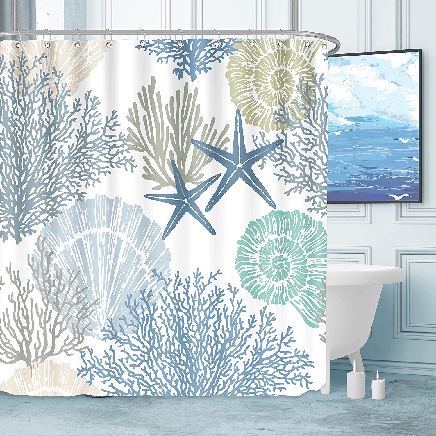 Nautical Coastal Theme Waterproof Fabric Shower Curtain with Marine Life Print
