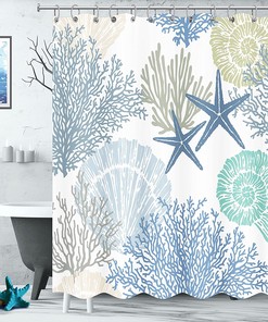 Nautical Coastal Theme Waterproof Fabric Shower Curtain with Marine Life Print