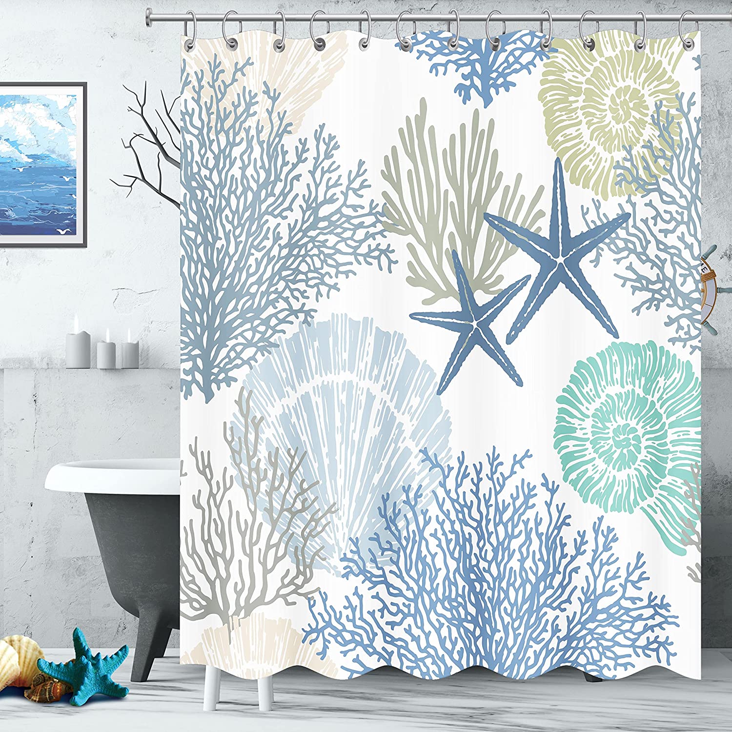 Nautical Coastal Theme Waterproof Fabric Shower Curtain with Marine Life Print