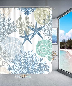 Nautical Coastal Theme Waterproof Fabric Shower Curtain with Marine Life Print