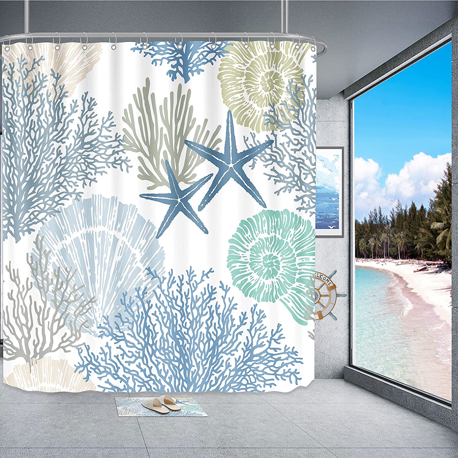 Nautical Coastal Theme Waterproof Fabric Shower Curtain with Marine Life Print