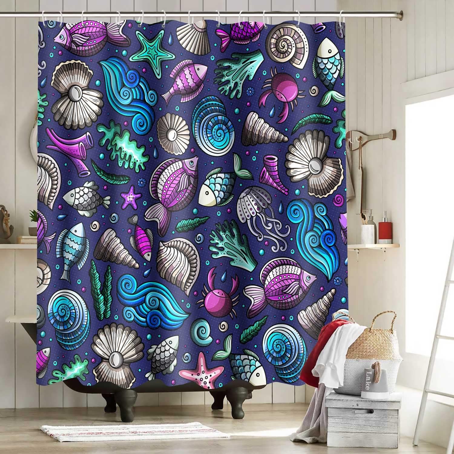 Nautical Coral Seashell Shower Curtain - Beach Bathroom Decor