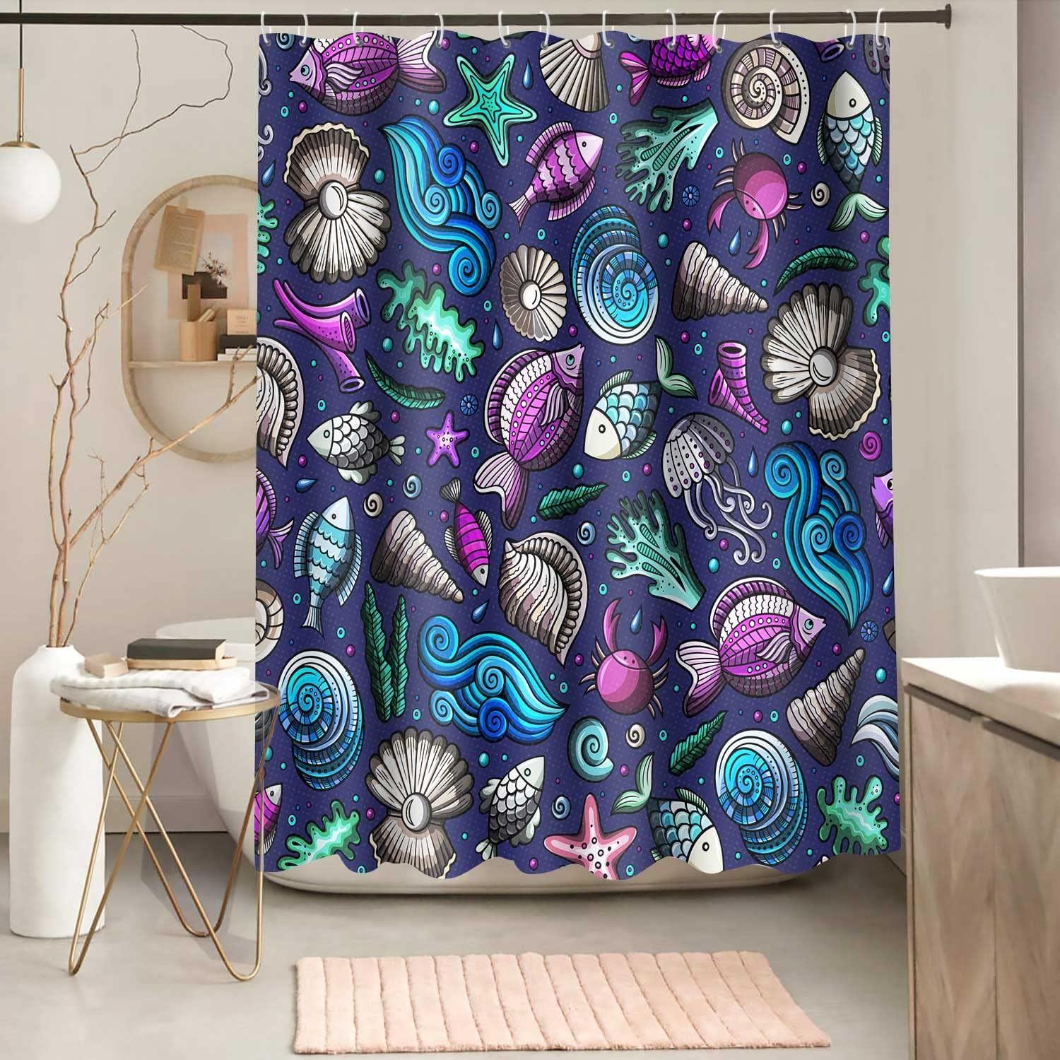Nautical Coral Seashell Shower Curtain - Beach Bathroom Decor