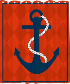 Nautical Diamond Background Anchor Shower Curtain - LB Navy Red Ocean Themed Bathroom Decor