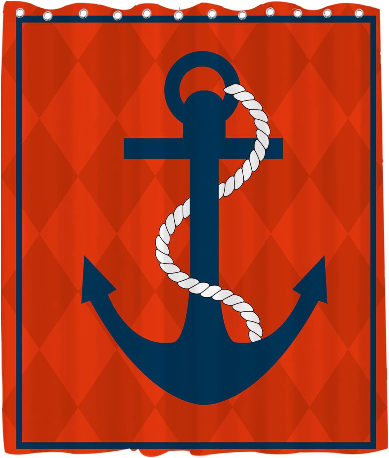 Nautical Diamond Background Anchor Shower Curtain - LB Navy Red Ocean Themed Bathroom Decor
