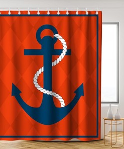 Nautical Diamond Background Anchor Shower Curtain - LB Navy Red Ocean Themed Bathroom Decor