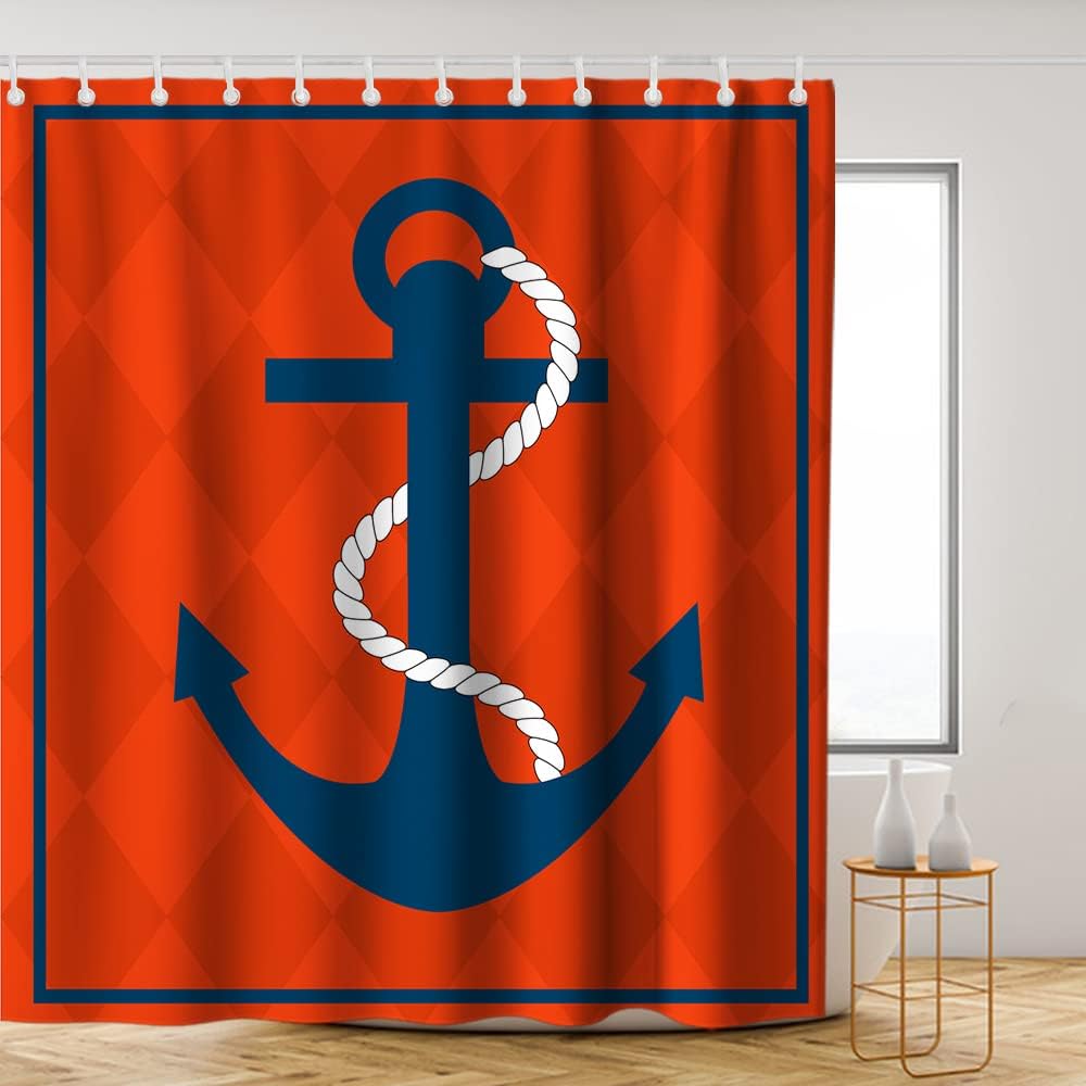 Nautical Diamond Background Anchor Shower Curtain - LB Navy Red Ocean Themed Bathroom Decor