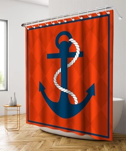 Nautical Diamond Background Anchor Shower Curtain - LB Navy Red Ocean Themed Bathroom Decor