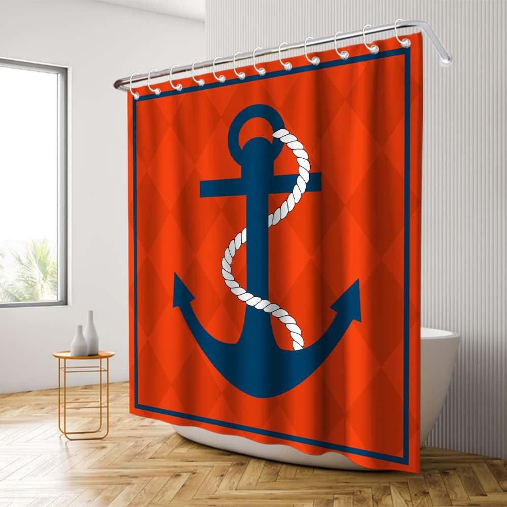 Nautical Diamond Background Anchor Shower Curtain - LB Navy Red Ocean Themed Bathroom Decor
