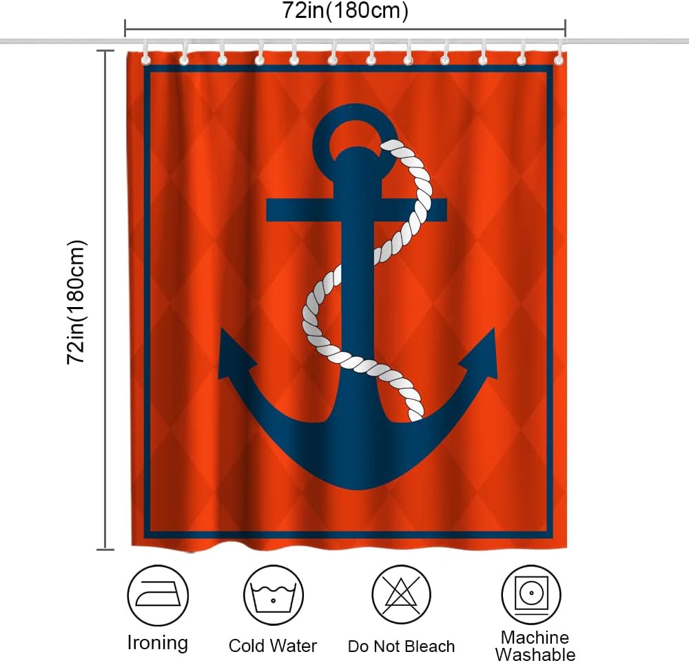 Nautical Diamond Background Anchor Shower Curtain - LB Navy Red Ocean Themed Bathroom Decor