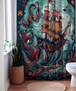 Nautical Dreams Octopus Sailboat Shower Curtain - Waterproof Bath Curtain With Nautical Dedication Gift Idea