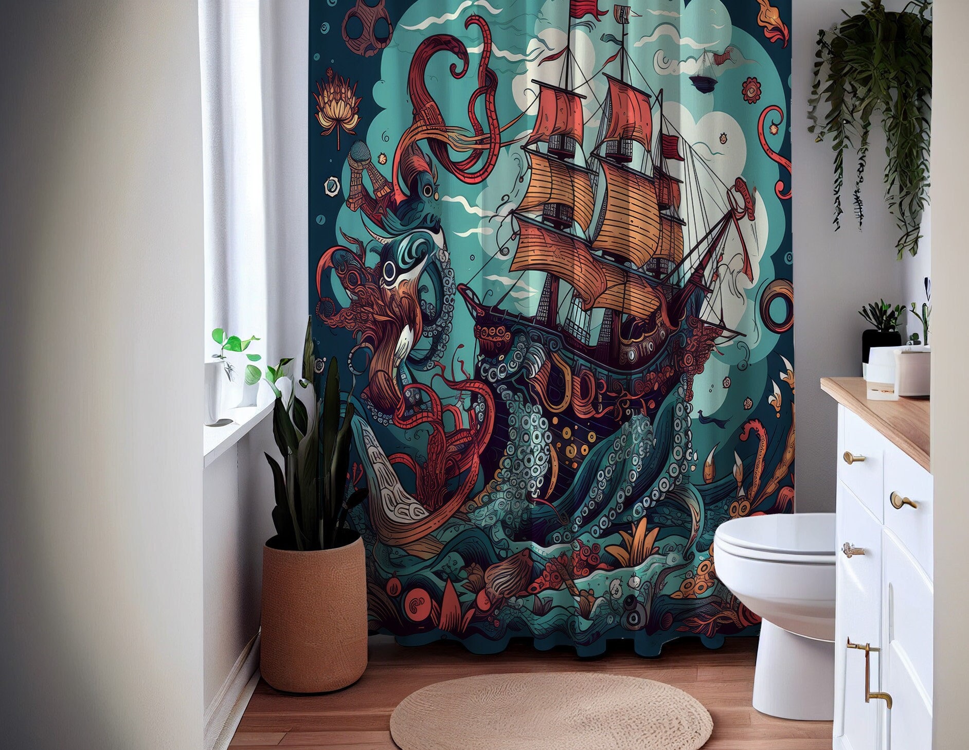 Nautical Dreams Octopus Sailboat Shower Curtain - Waterproof Bath Curtain With Nautical Dedication Gift Idea
