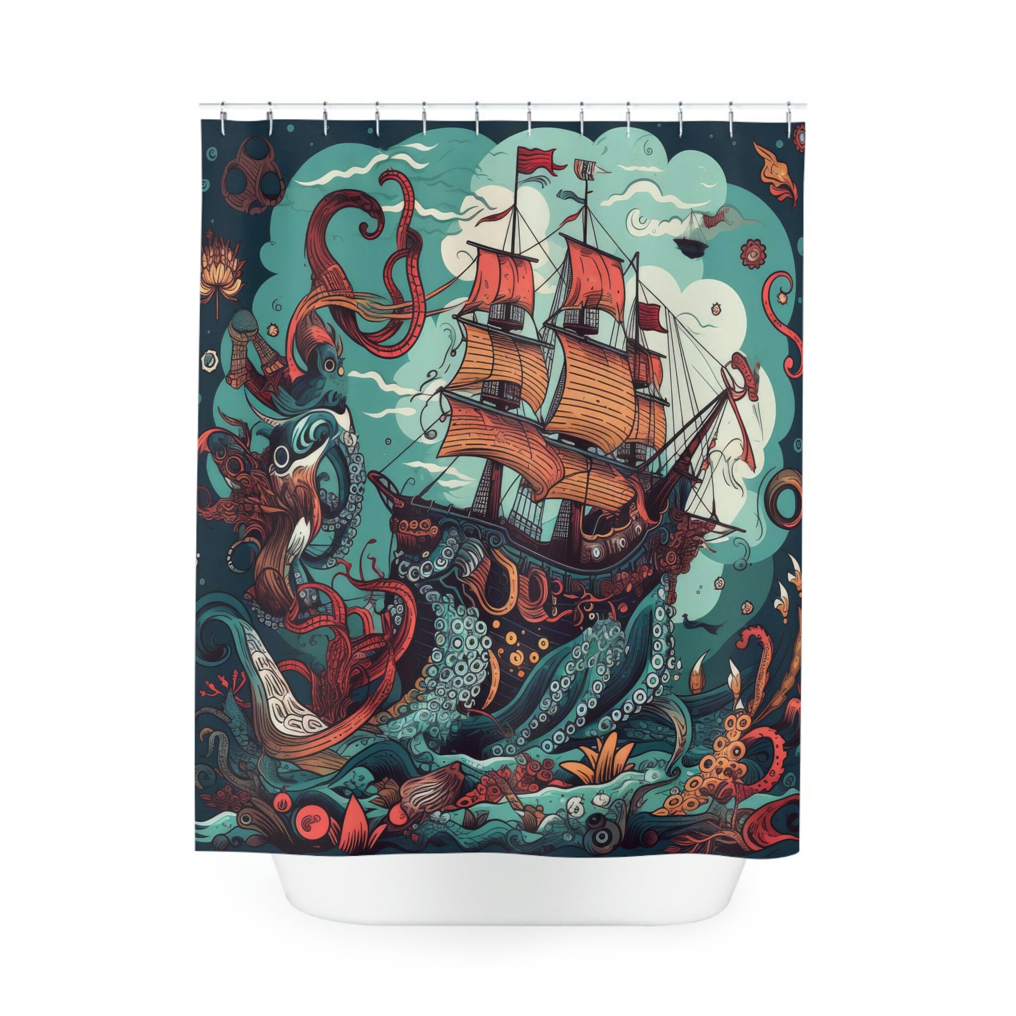 Nautical Dreams Octopus Sailboat Shower Curtain - Waterproof Bath Curtain With Nautical Dedication Gift Idea - Image 2