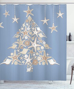 Nautical Elements Sea Life Theme With Noel Tree Winter Season Shower Curtain - Cloth Fabric Bathroom Decors
