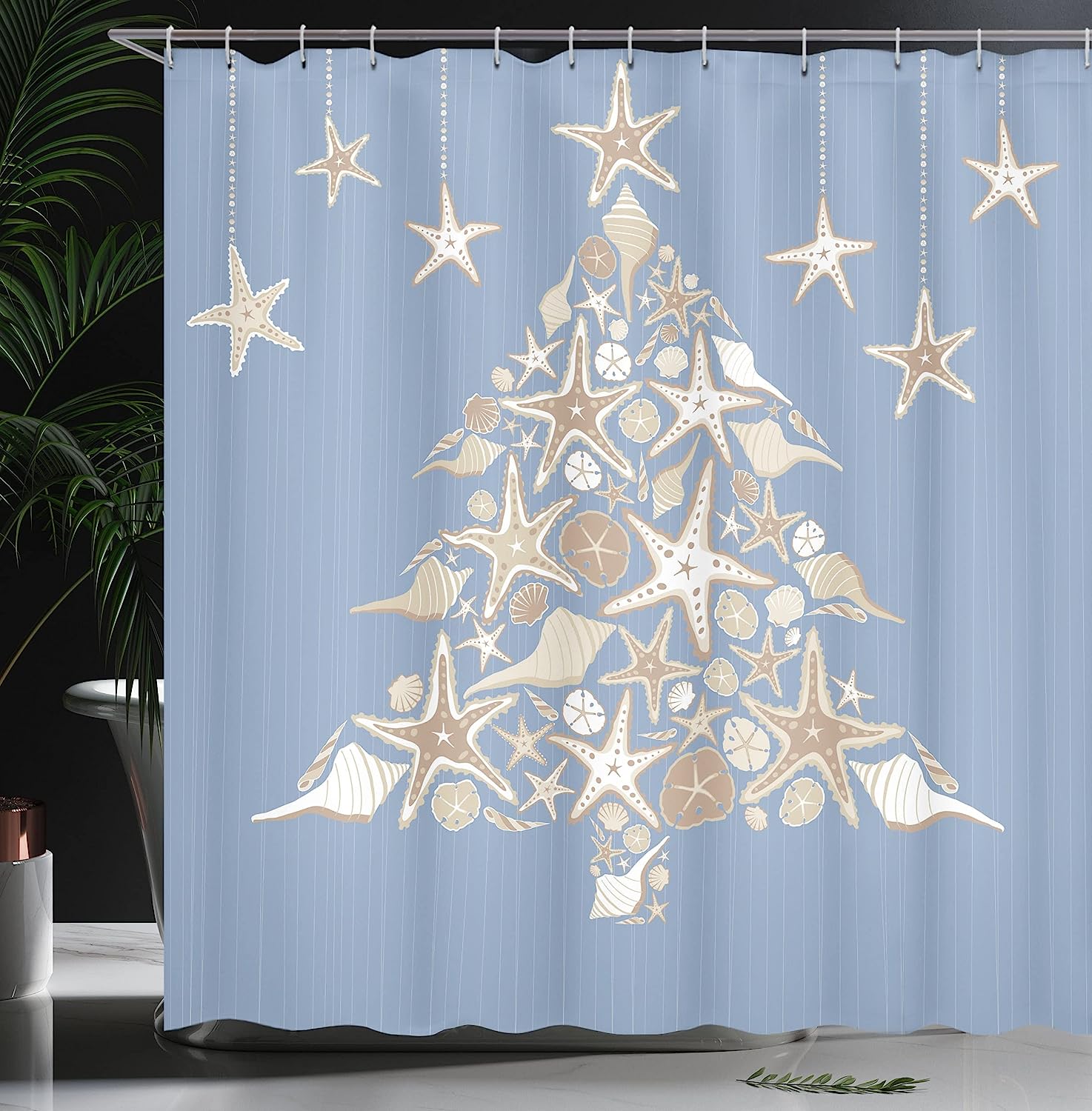Nautical Elements Sea Life Theme With Noel Tree Winter Season Shower Curtain - Cloth Fabric Bathroom Decors - Image 3