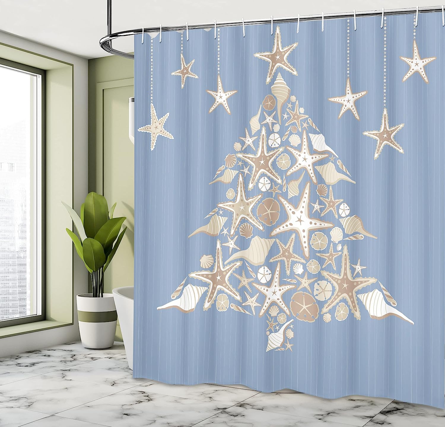 Nautical Elements Sea Life Theme With Noel Tree Winter Season Shower Curtain - Cloth Fabric Bathroom Decors - Image 4
