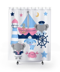 Nautical Elephant Sailor Shower Curtain with Beachy Decor for Kids' Bathrooms