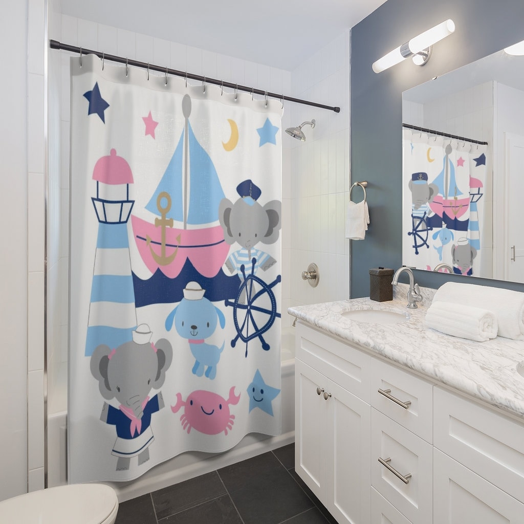 Nautical Elephant Sailor Shower Curtain with Beachy Decor for Kids' Bathrooms