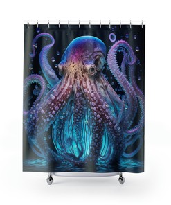 Nautical Gift Glowing Transparent Blue Octopus Shower Curtain - For Dorm or Beach House. 