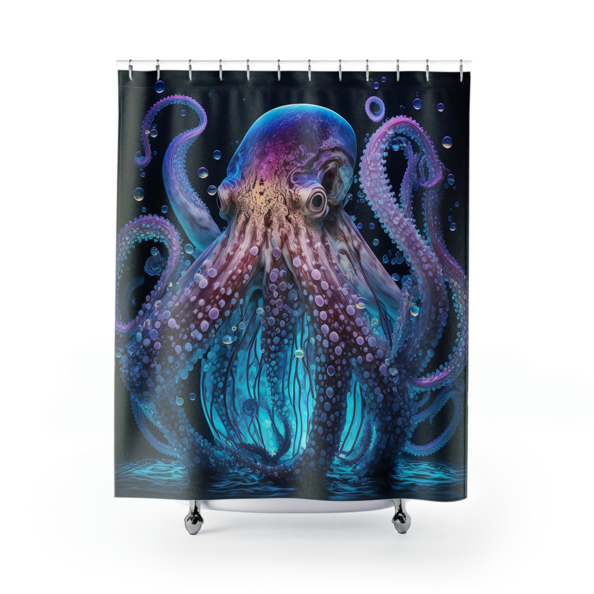 Nautical Gift Glowing Transparent Blue Octopus Shower Curtain - For Dorm or Beach House.