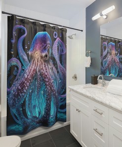 Nautical Gift Glowing Transparent Blue Octopus Shower Curtain - For Dorm or Beach House.