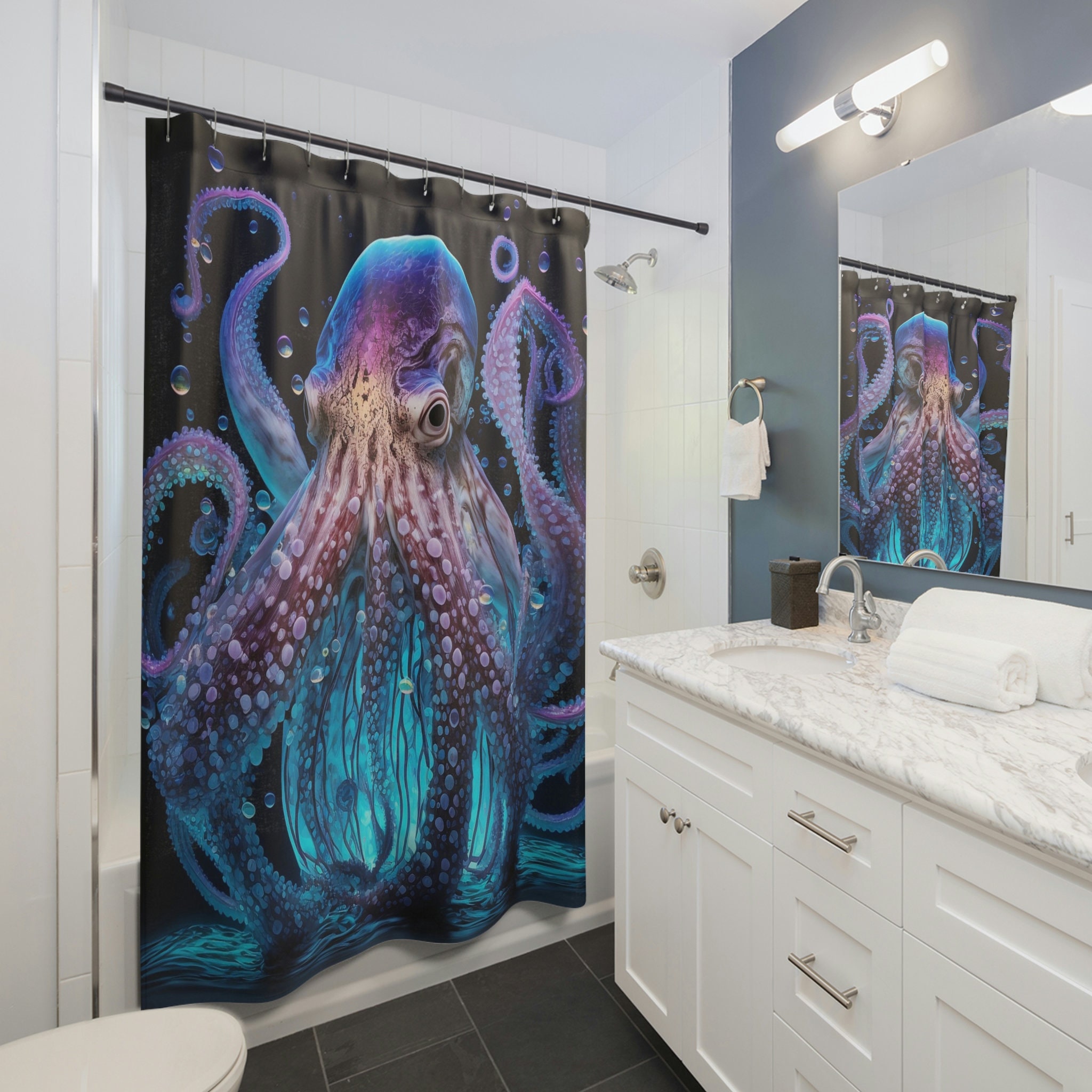 Nautical Gift Glowing Transparent Blue Octopus Shower Curtain - For Dorm or Beach House.