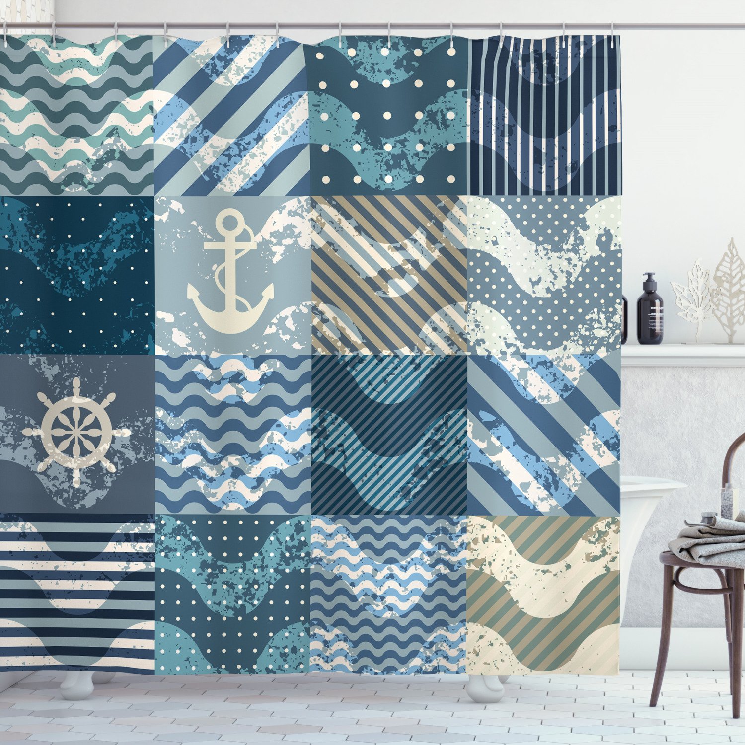 Nautical Grunge Shower Curtain with Anchor Print and Naval Elements - Perfect for Your Bathroom Dcor