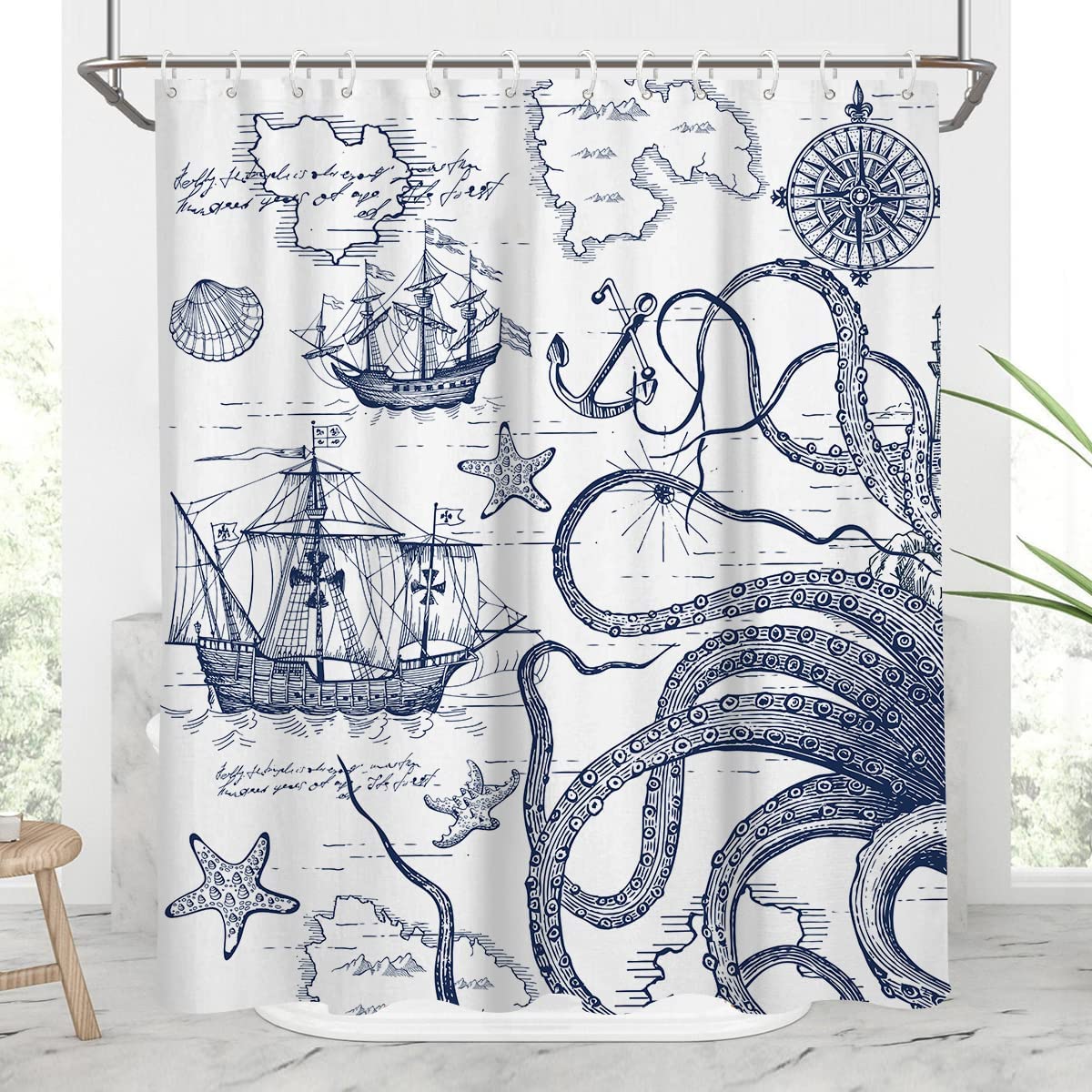 Nautical Kraken Sailor Shower Curtain For Coastal Bathroom
