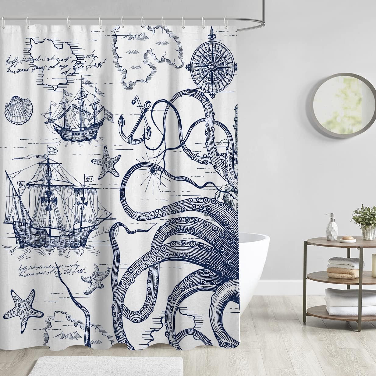 Nautical Kraken Sailor Shower Curtain For Coastal Bathroom - Image 2