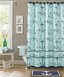 Nautical Light Blue Navy Anchors Coastal Shower Curtain With Microfiber Accents
