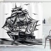 Nautical Line Art Print Fabric Shower Curtain with Pirate Ship and Anchor